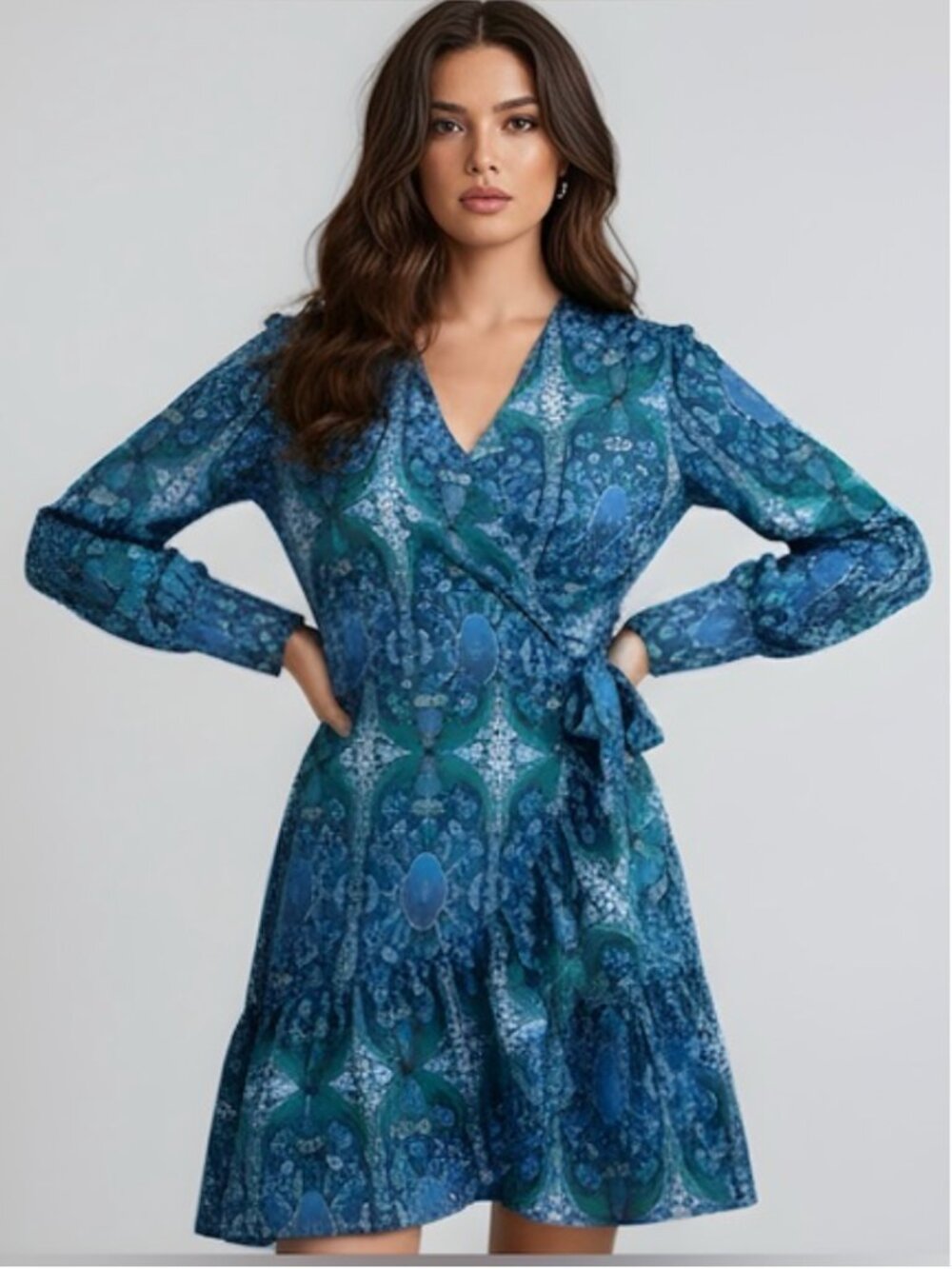 Boho Floral Print Knot Side Ruffle Hem Wrap Dress